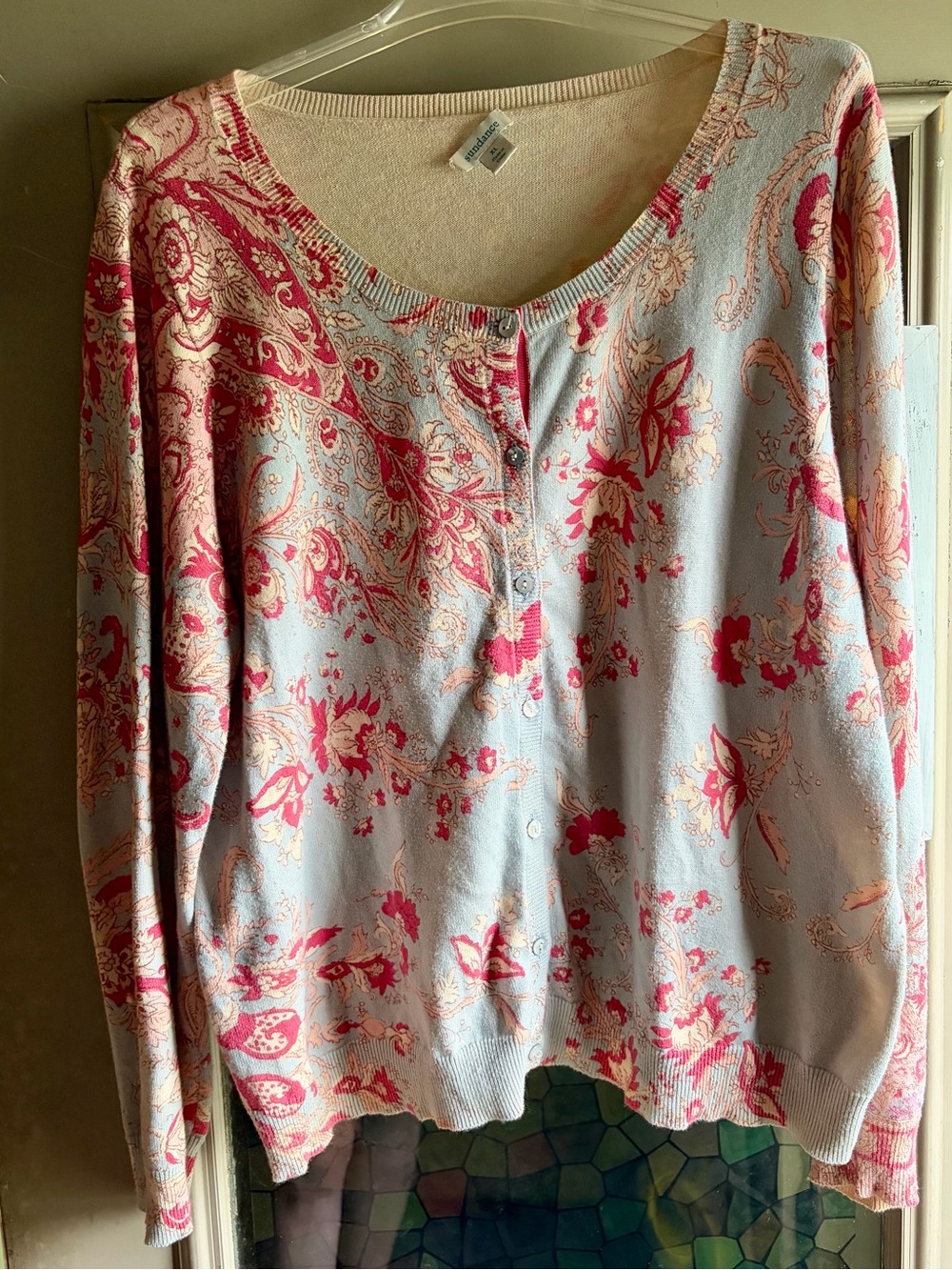 Sundance Light Blue Cardigan with Pink Paisley Accents